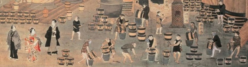 De productie van sojasaus (vooral het bottelproces) in de 19e eeuw.